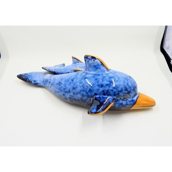 Pottery Ceramic Drip Glazed Blue Dolphin Momma and Baby Nautical Figurine Statue - Picture 3 of 6